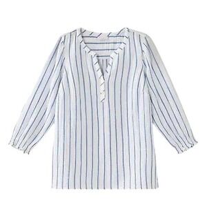 J.Jill Striped Gauze Tunic Top Button 3/4 Sleeve Lightweight White Blue L Cotton